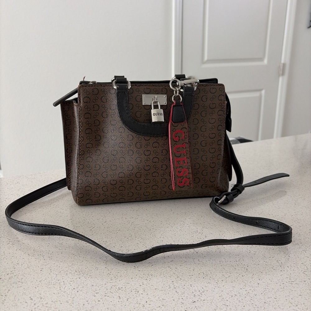 Guess Brown and Black Logo Crossbody Bag with Red Accent - Picture 2 of 11